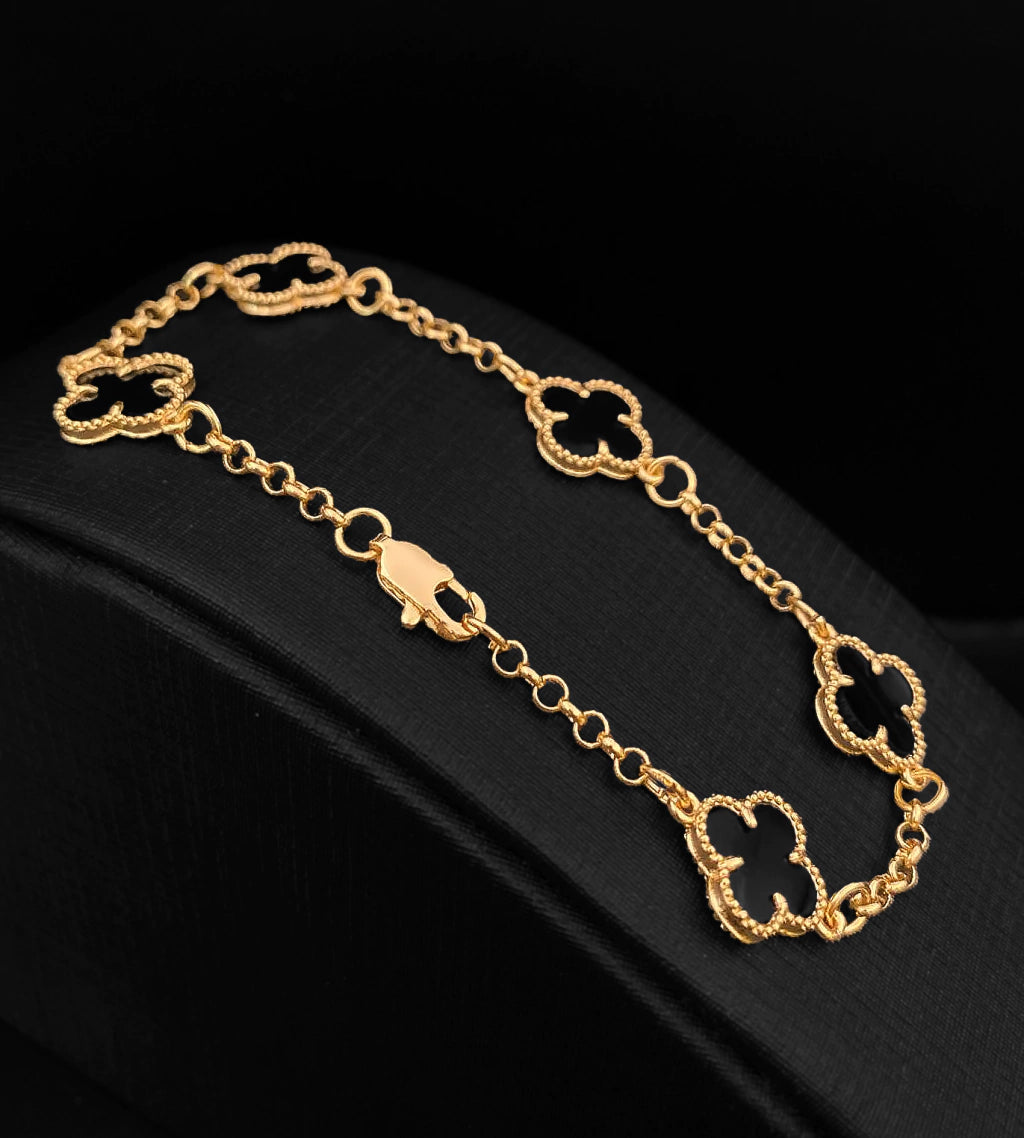 PULSEIRA TREVO PRETO FECHO TRADICIONAL - Banhado a Ouro 18k